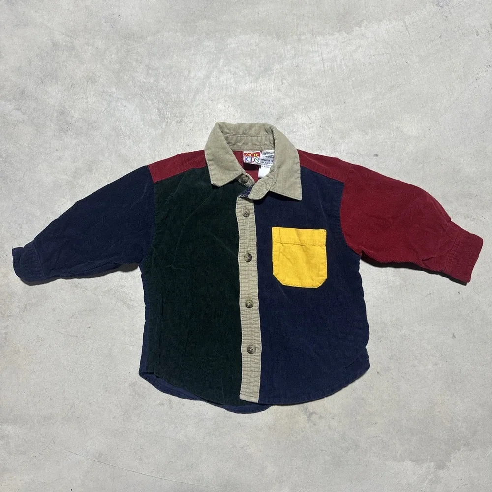 Vintage 90's McKids Baby's 18M Button Up Shirt Red/Green/Yellow Boys Casual